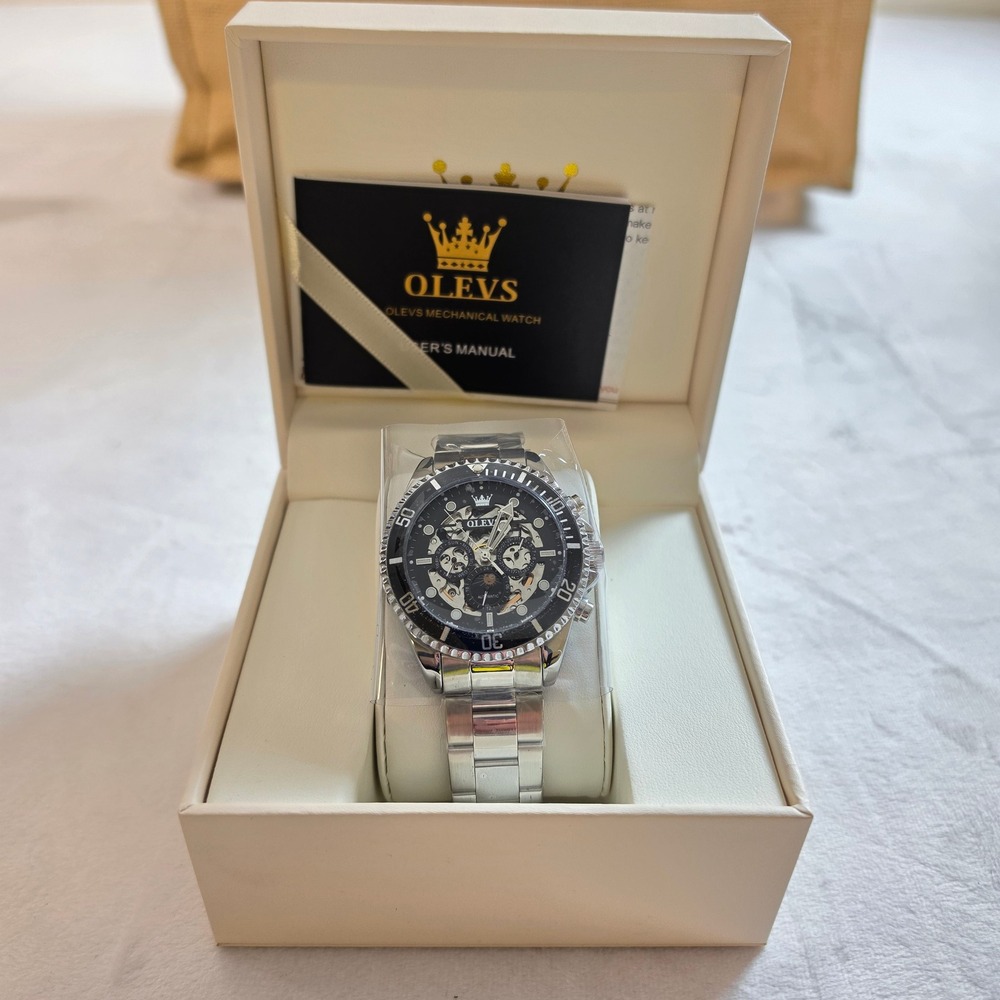 OLEVS 6715 Mens Automatic Skeleton Watch Silver Stainless Steel Moon Phase Black